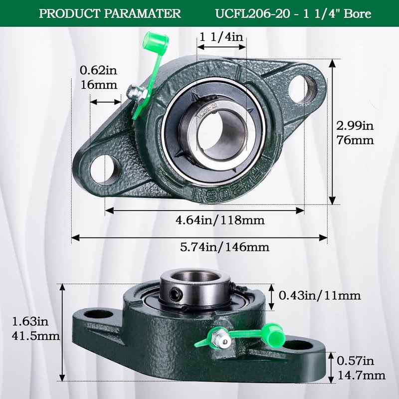 SHINICO Pillow Block Bearing 1 1/4 inch Shaft Bore, Flange Mounted UCFL206-20, Solid Cast Iron Base, Swamp Cooler Parts, Self-Aligning, 2Pack - Image 2